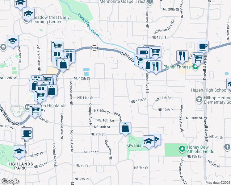 map of restaurants, bars, coffee shops, grocery stores, and more near 1118 Redmond Avenue Northeast in Renton