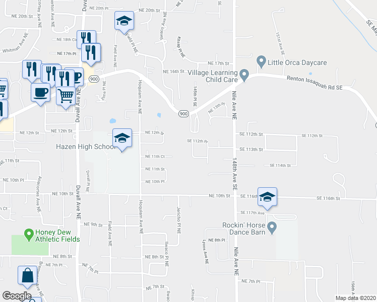 map of restaurants, bars, coffee shops, grocery stores, and more near 11260 145th Avenue Southeast in Renton