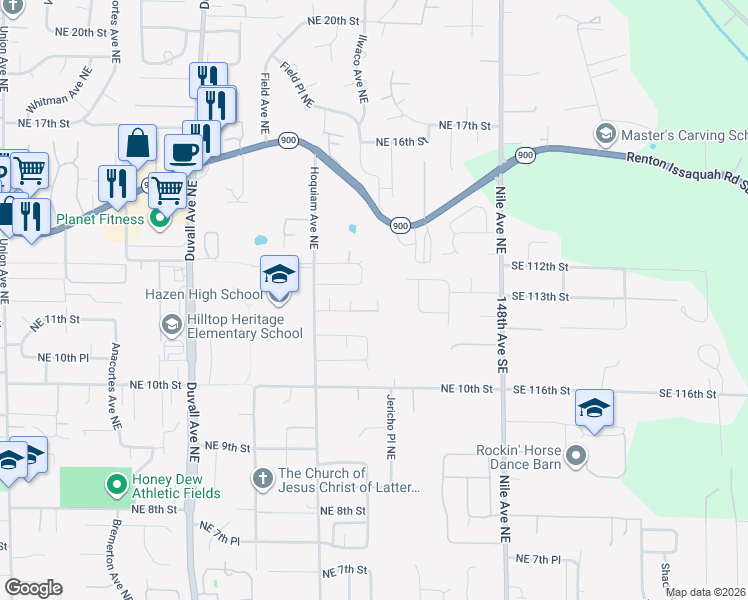 map of restaurants, bars, coffee shops, grocery stores, and more near 5223 Northeast 11th Place in Renton