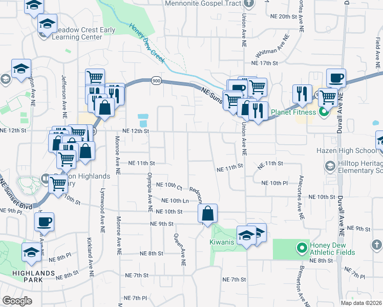 map of restaurants, bars, coffee shops, grocery stores, and more near 1118 Redmond Avenue Northeast in Renton