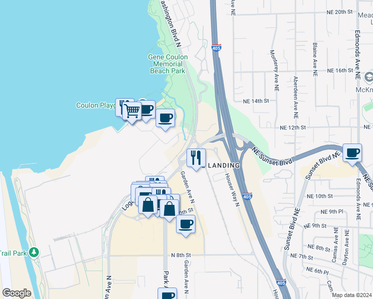 map of restaurants, bars, coffee shops, grocery stores, and more near 1100 Lake Washington Boulevard North in Renton