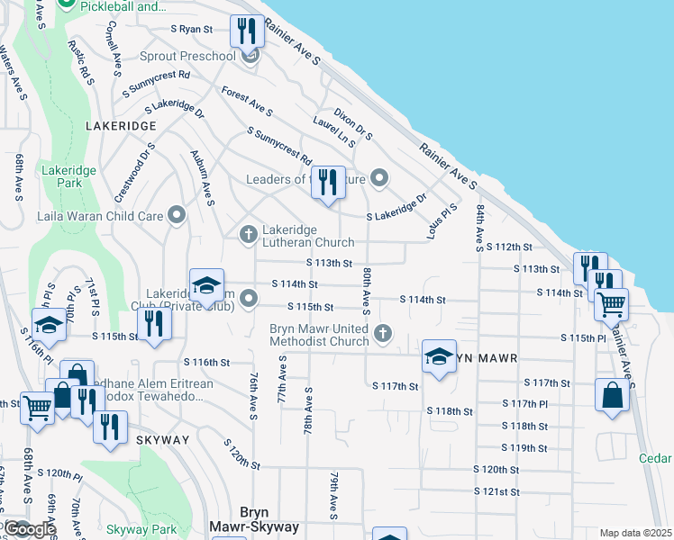map of restaurants, bars, coffee shops, grocery stores, and more near 7811 South 113th Street in Seattle