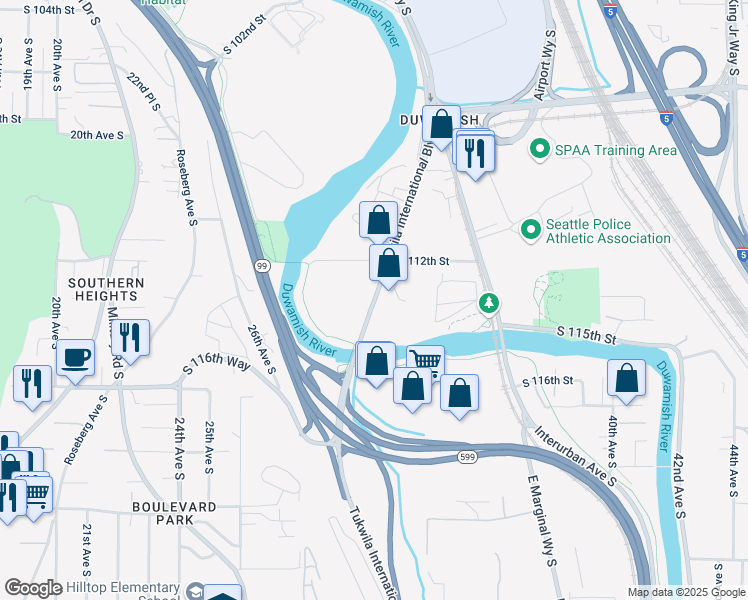 map of restaurants, bars, coffee shops, grocery stores, and more near Pacific Hwy S in Seattle