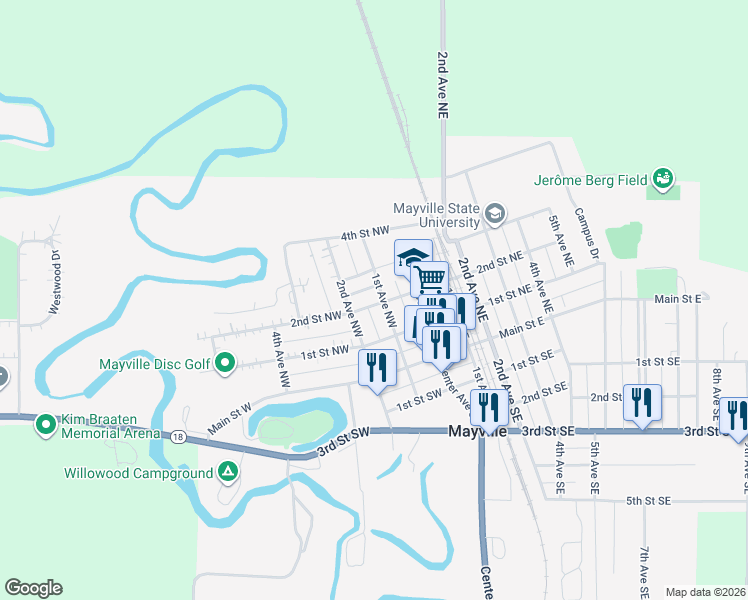 map of restaurants, bars, coffee shops, grocery stores, and more near 20 2nd Street Northwest in Mayville