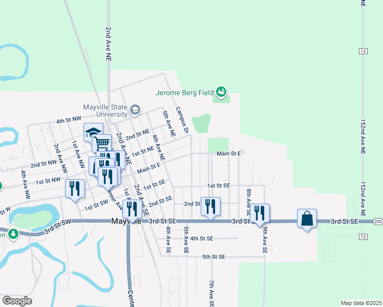 map of restaurants, bars, coffee shops, grocery stores, and more near 500 Main Street East in Mayville