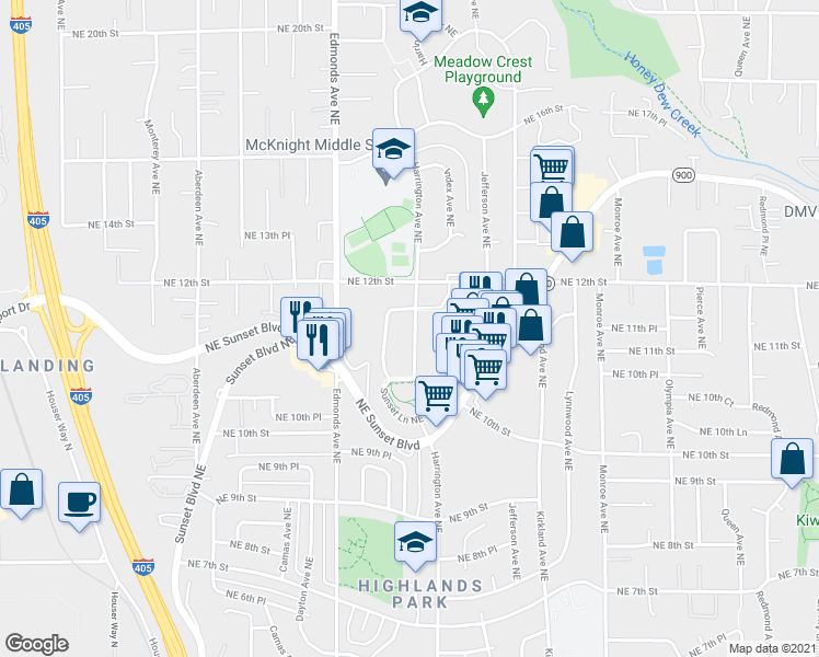map of restaurants, bars, coffee shops, grocery stores, and more near 1145 Harrington Avenue Northeast in Renton