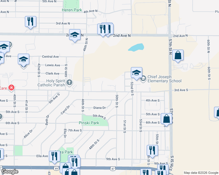 map of restaurants, bars, coffee shops, grocery stores, and more near 4901 3rd Avenue South in Great Falls