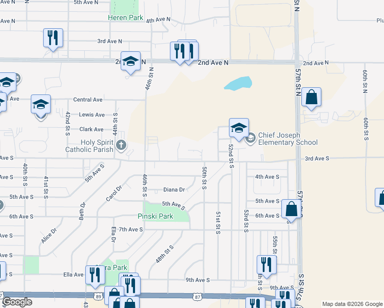 map of restaurants, bars, coffee shops, grocery stores, and more near 4901 3rd Avenue South in Great Falls