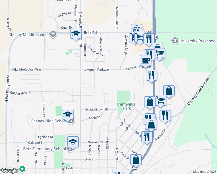 map of restaurants, bars, coffee shops, grocery stores, and more near 309 Plum Tree Court in Cheney