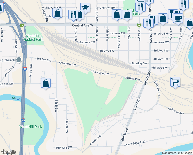 map of restaurants, bars, coffee shops, grocery stores, and more near 1116 American Avenue in Great Falls
