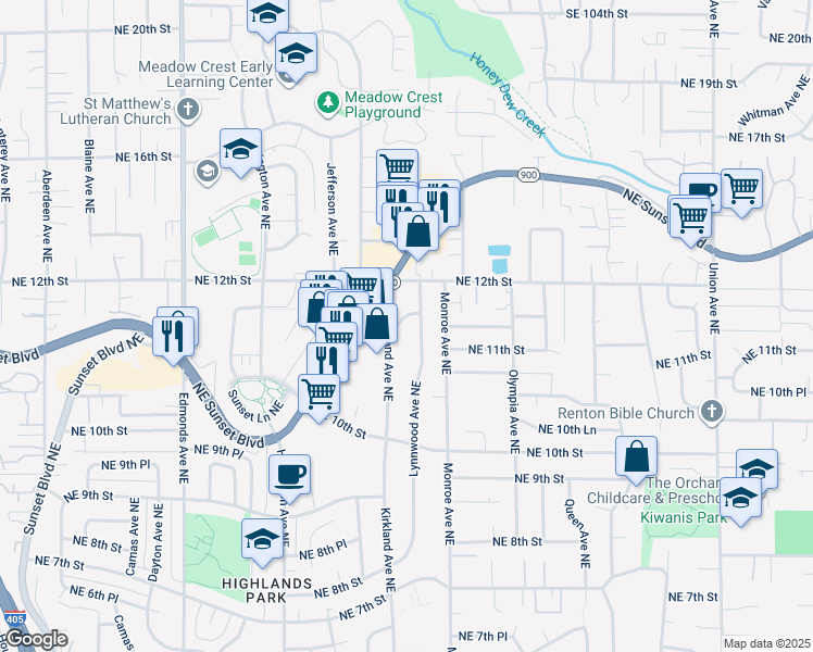 map of restaurants, bars, coffee shops, grocery stores, and more near 3109 Northeast 11th Place in Renton