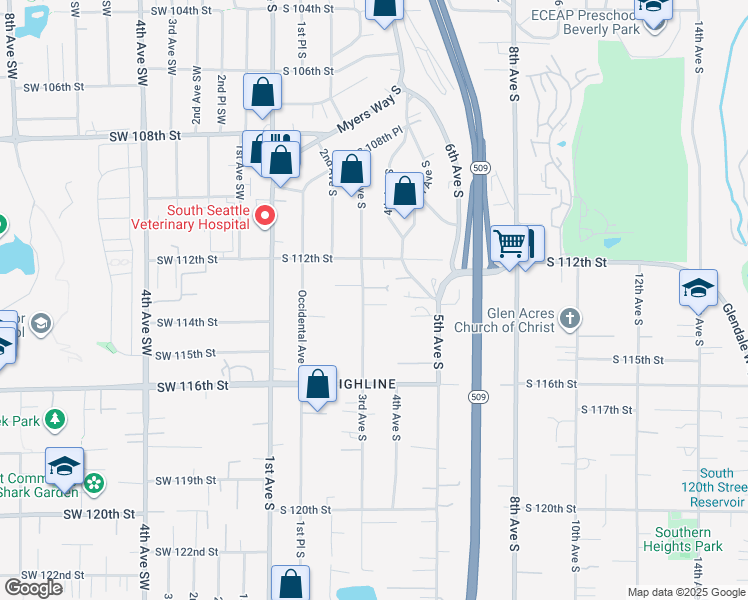 map of restaurants, bars, coffee shops, grocery stores, and more near 11240 3rd Avenue South in Seattle