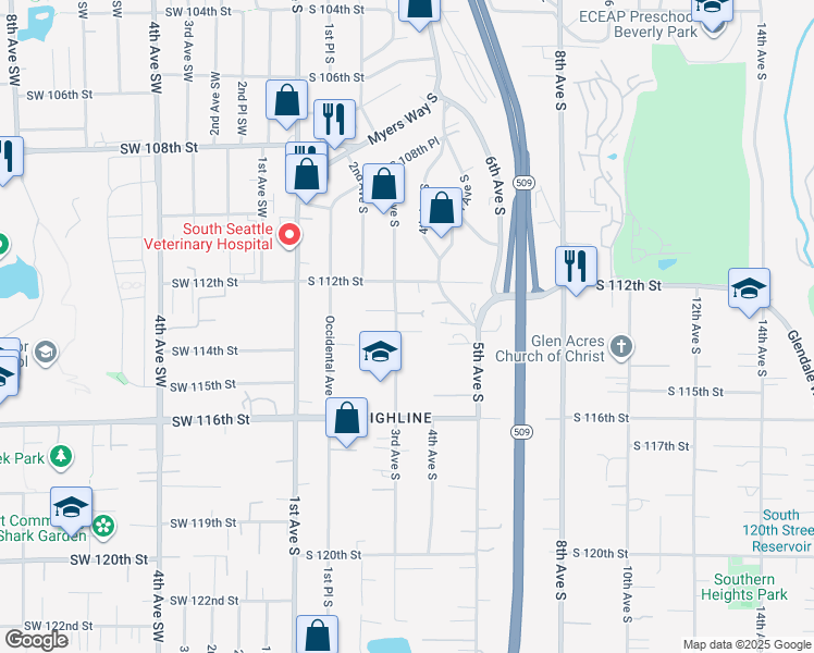 map of restaurants, bars, coffee shops, grocery stores, and more near 11240 3rd Avenue South in Seattle