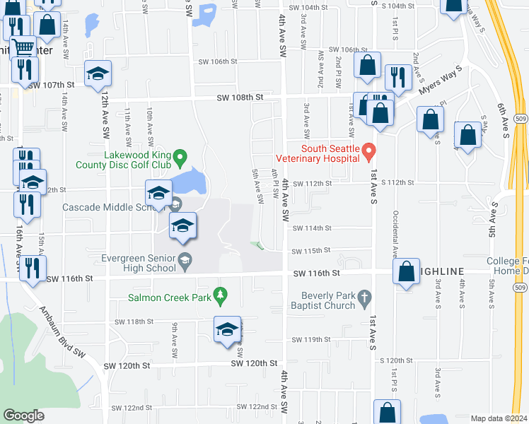 map of restaurants, bars, coffee shops, grocery stores, and more near 11310 5th Avenue Southwest in Seattle