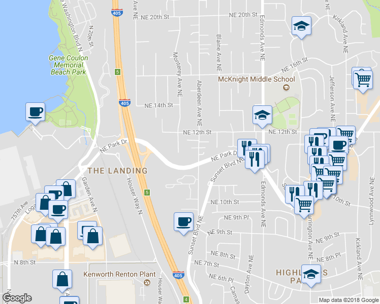 map of restaurants, bars, coffee shops, grocery stores, and more near 1153 Aberdeen Avenue Northeast in Renton