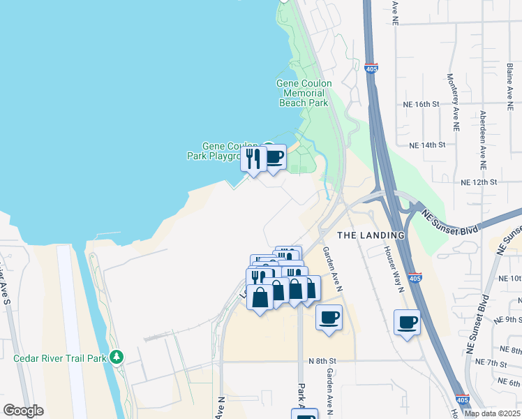 map of restaurants, bars, coffee shops, grocery stores, and more near 1103 Lake Washington Boulevard North in Renton