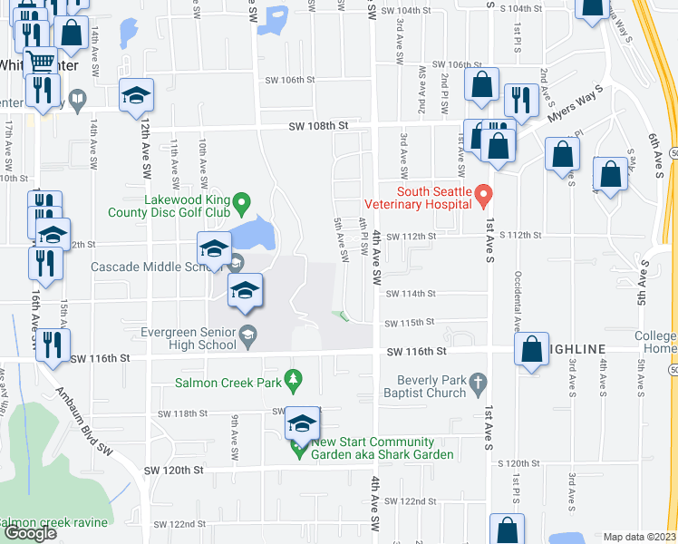 map of restaurants, bars, coffee shops, grocery stores, and more near 11317 5th Avenue Southwest in Seattle