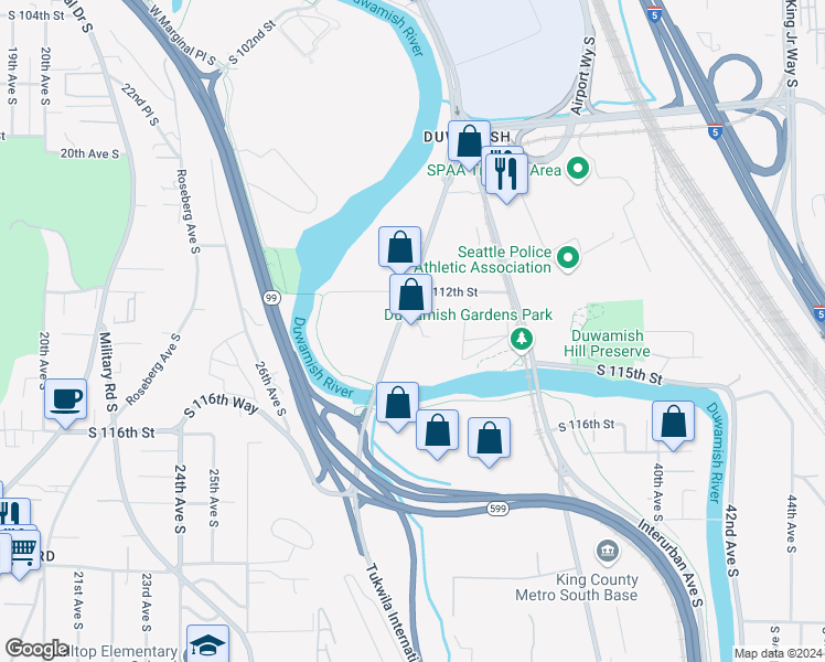 map of restaurants, bars, coffee shops, grocery stores, and more near 11234 Tukwila International Boulevard in Tukwila