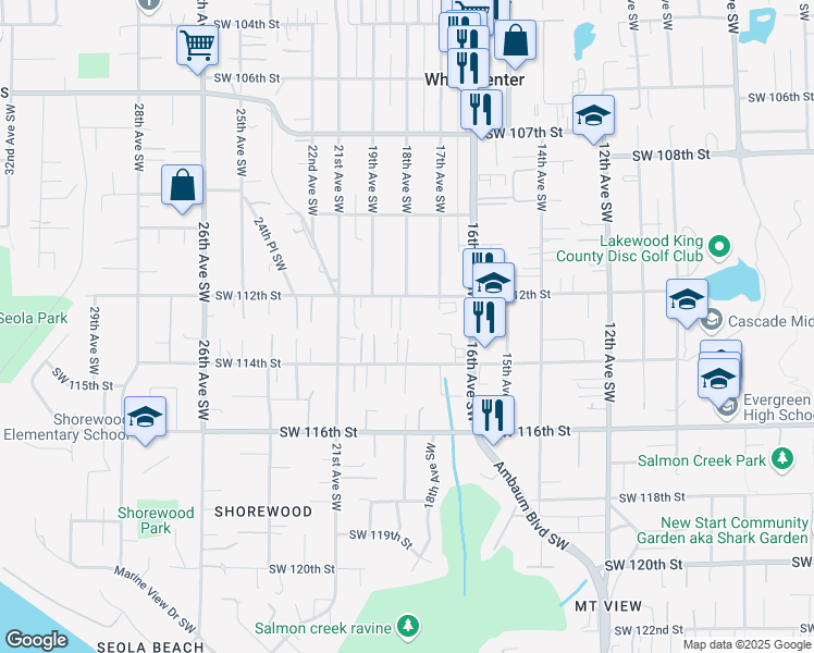 map of restaurants, bars, coffee shops, grocery stores, and more near 11228 18th Avenue Southwest in Seattle