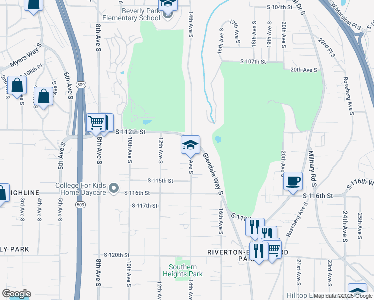 map of restaurants, bars, coffee shops, grocery stores, and more near 11249 14th Avenue South in Seattle