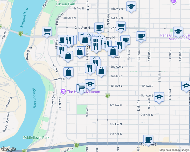 map of restaurants, bars, coffee shops, grocery stores, and more near 206 5th Street South in Great Falls