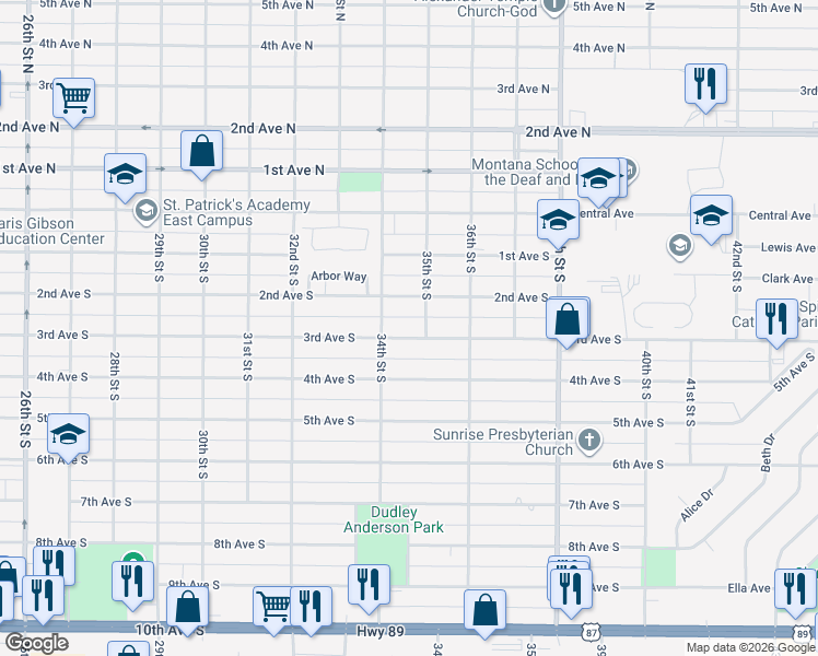 map of restaurants, bars, coffee shops, grocery stores, and more near 3417 3rd Avenue South in Great Falls