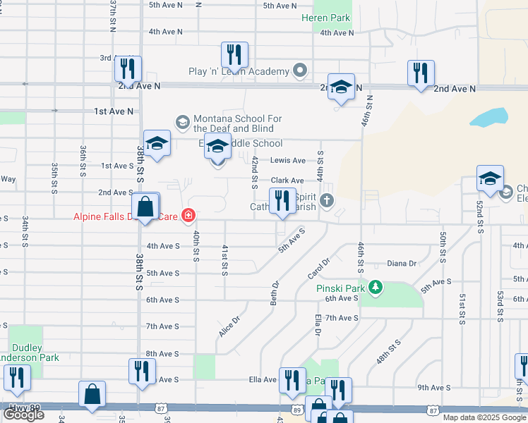 map of restaurants, bars, coffee shops, grocery stores, and more near 4211 3rd Avenue South in Great Falls