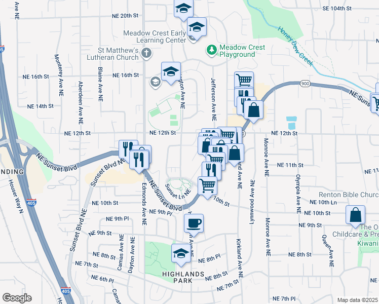 map of restaurants, bars, coffee shops, grocery stores, and more near 1145 Harrington Avenue Northeast in Renton
