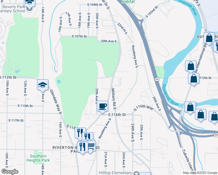 map of restaurants, bars, coffee shops, grocery stores, and more near 11233 Des Moines Memorial Drive South in Seattle