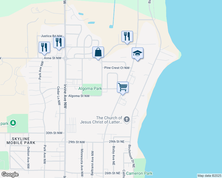 map of restaurants, bars, coffee shops, grocery stores, and more near 104 Circle Pines Drive Northwest in Bemidji