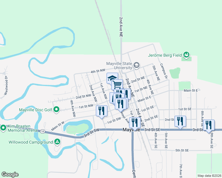 map of restaurants, bars, coffee shops, grocery stores, and more near 1-49 2nd Street Northwest in Mayville