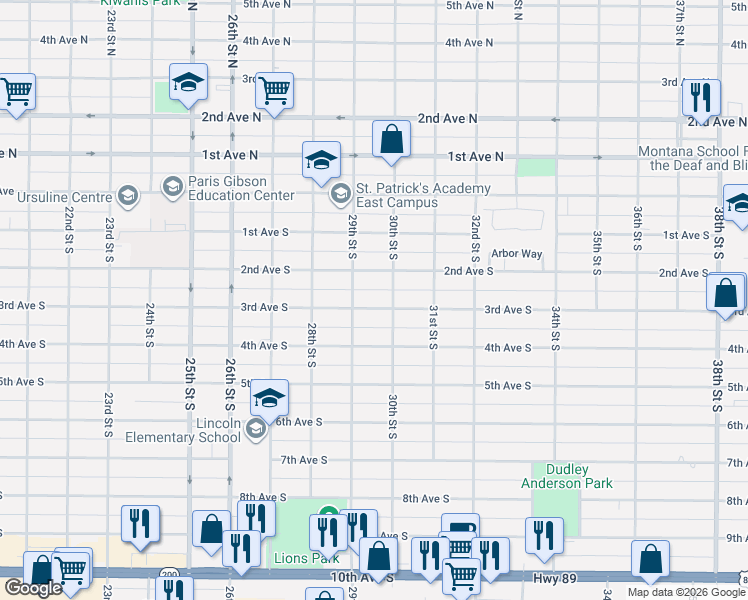 map of restaurants, bars, coffee shops, grocery stores, and more near 2913 3rd Avenue South in Great Falls