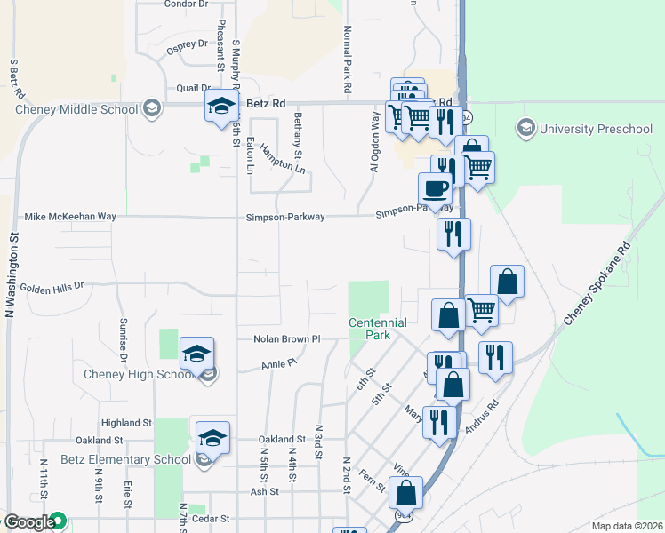 map of restaurants, bars, coffee shops, grocery stores, and more near 309 Plum Tree Court in Cheney