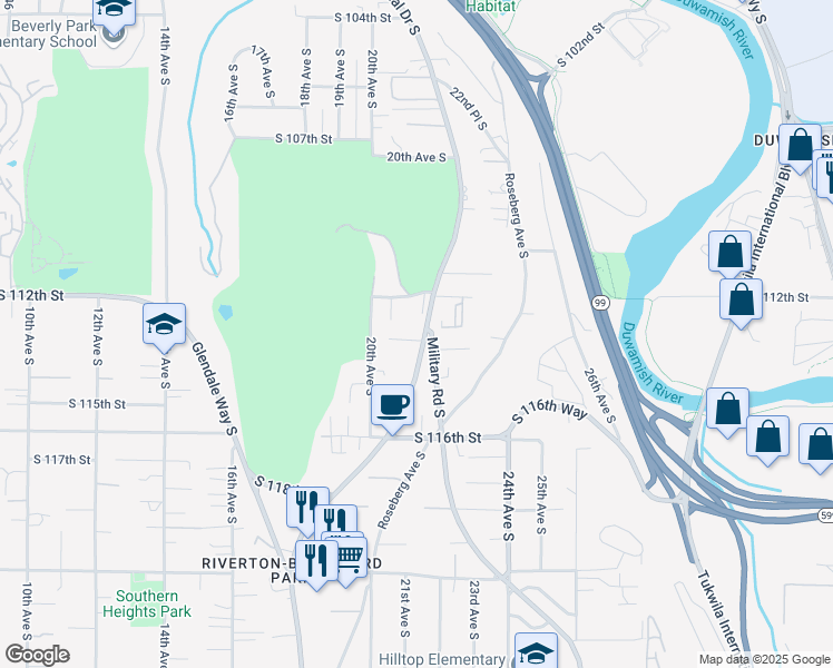 map of restaurants, bars, coffee shops, grocery stores, and more near 11233 Des Moines Memorial Drive South in Seattle