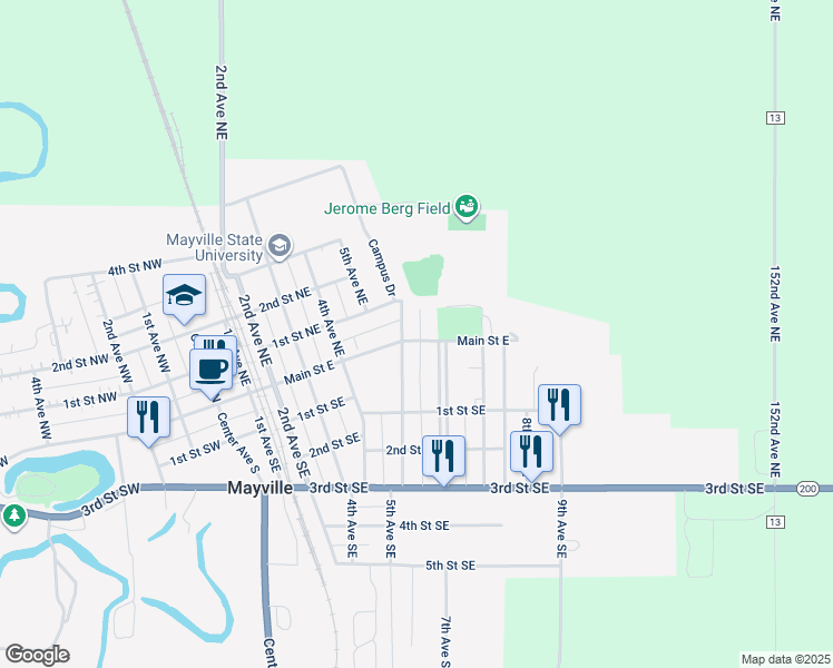 map of restaurants, bars, coffee shops, grocery stores, and more near 500-524 Main St E in Mayville