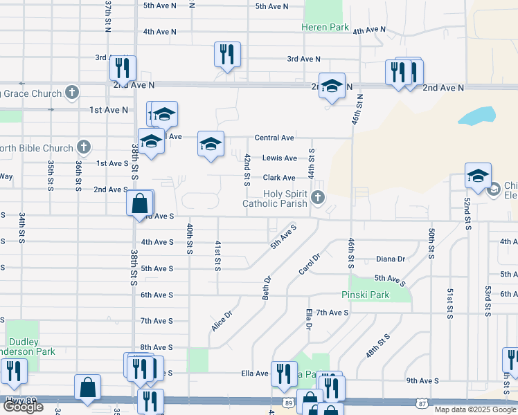 map of restaurants, bars, coffee shops, grocery stores, and more near 4211 3rd Avenue South in Great Falls