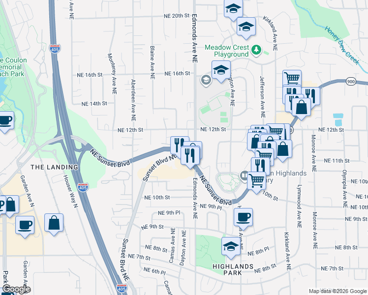 map of restaurants, bars, coffee shops, grocery stores, and more near 2326 Northeast 11th Court in Renton