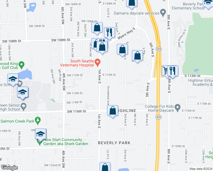 map of restaurants, bars, coffee shops, grocery stores, and more near 11237 Occidental Avenue South in Seattle