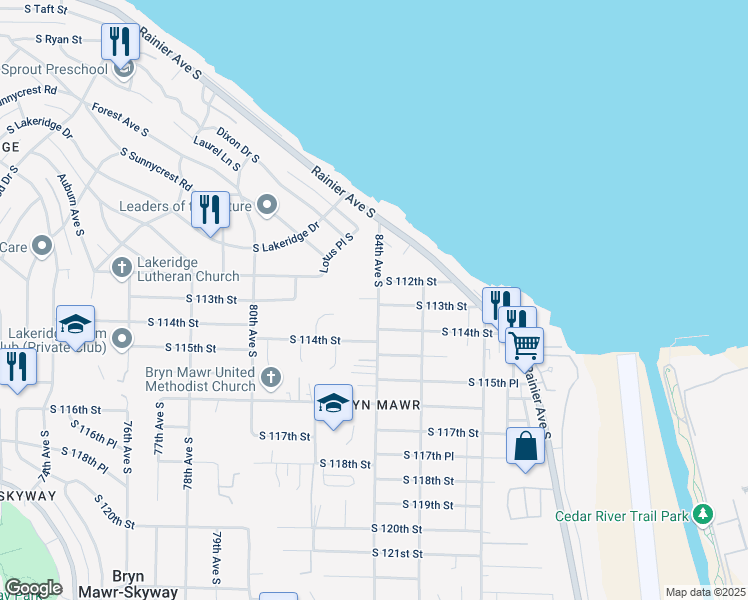 map of restaurants, bars, coffee shops, grocery stores, and more near 11223 84th Avenue South in Seattle