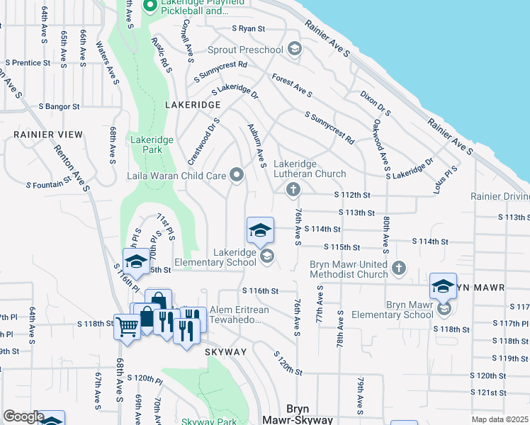 map of restaurants, bars, coffee shops, grocery stores, and more near 11231 Auburn Avenue South in Seattle