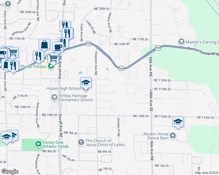 map of restaurants, bars, coffee shops, grocery stores, and more near 5223 Northeast 11th Place in Renton