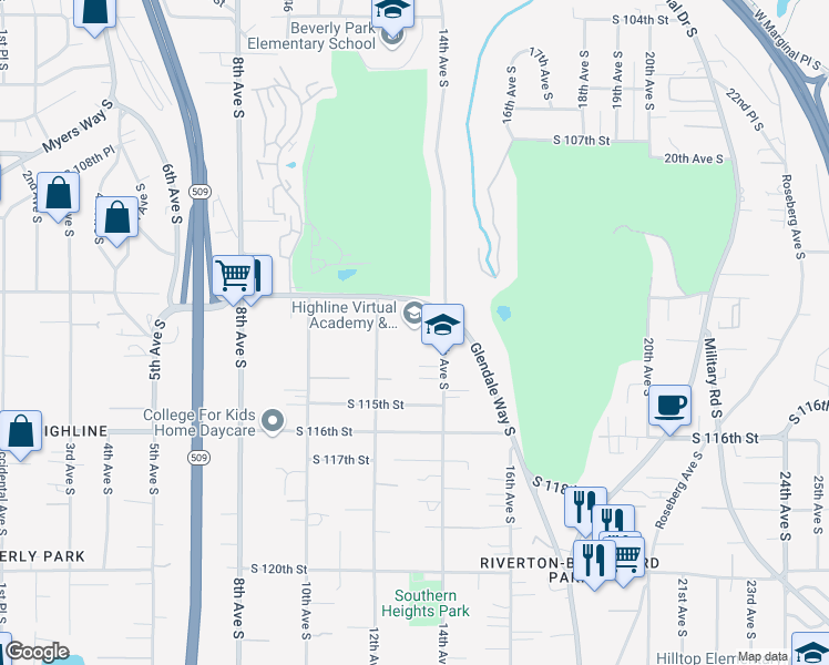 map of restaurants, bars, coffee shops, grocery stores, and more near 11249 14th Avenue South in Seattle