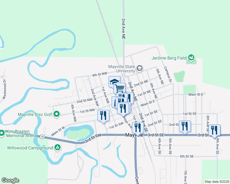 map of restaurants, bars, coffee shops, grocery stores, and more near 20 2nd Street Northwest in Mayville