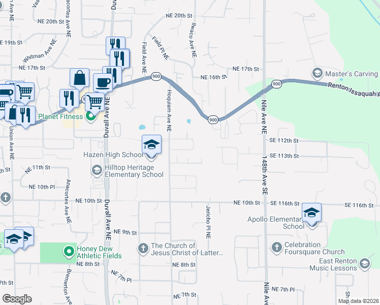 map of restaurants, bars, coffee shops, grocery stores, and more near 5223 Northeast 11th Place in Renton