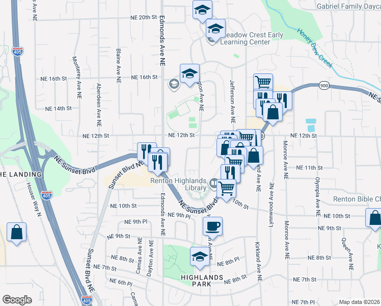 map of restaurants, bars, coffee shops, grocery stores, and more near 1147 Glennwood Avenue Northeast in Renton