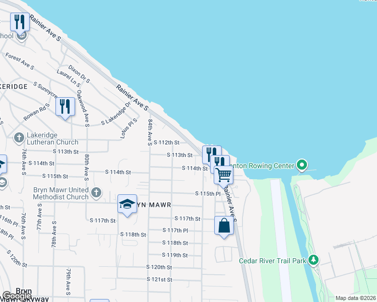 map of restaurants, bars, coffee shops, grocery stores, and more near 8524 South 113th Street in Seattle