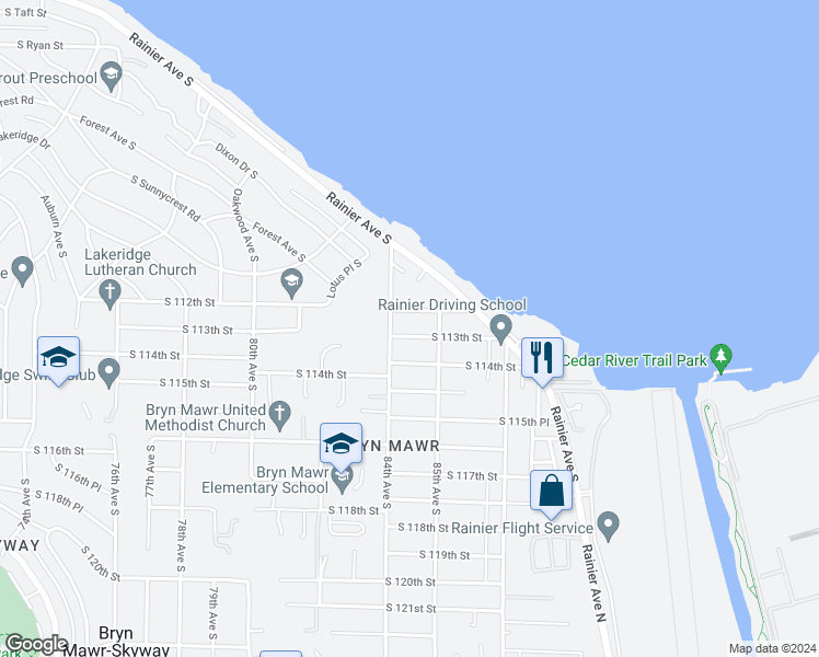 map of restaurants, bars, coffee shops, grocery stores, and more near 8428 South 113th Street in Seattle