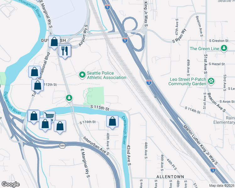 map of restaurants, bars, coffee shops, grocery stores, and more near 4113 South 113th Street in Tukwila