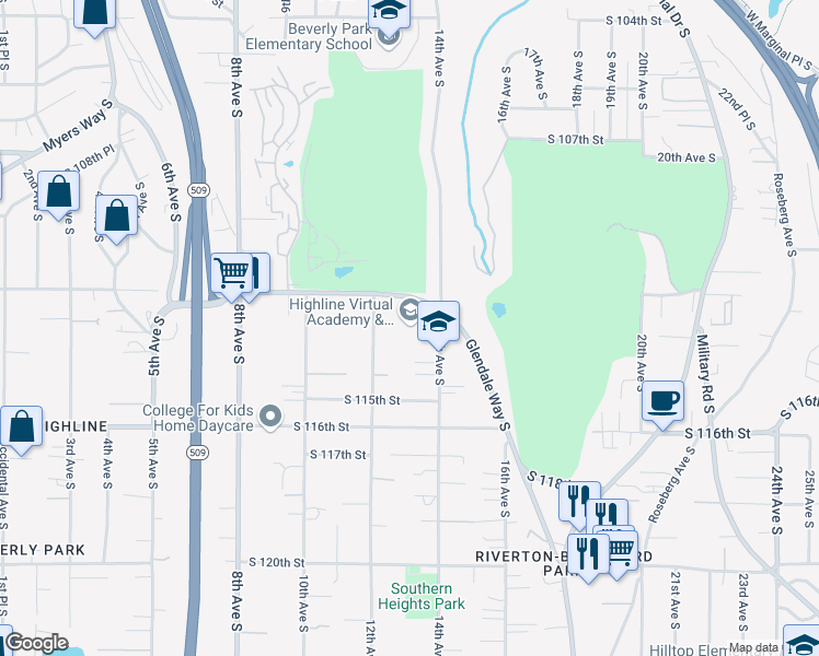 map of restaurants, bars, coffee shops, grocery stores, and more near 11249 14th Avenue South in Seattle