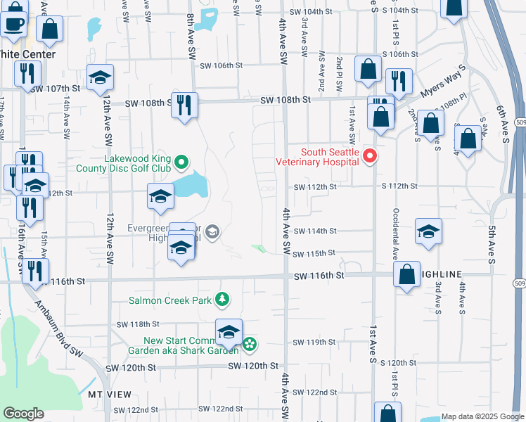 map of restaurants, bars, coffee shops, grocery stores, and more near 11269 4th Place South in Seattle